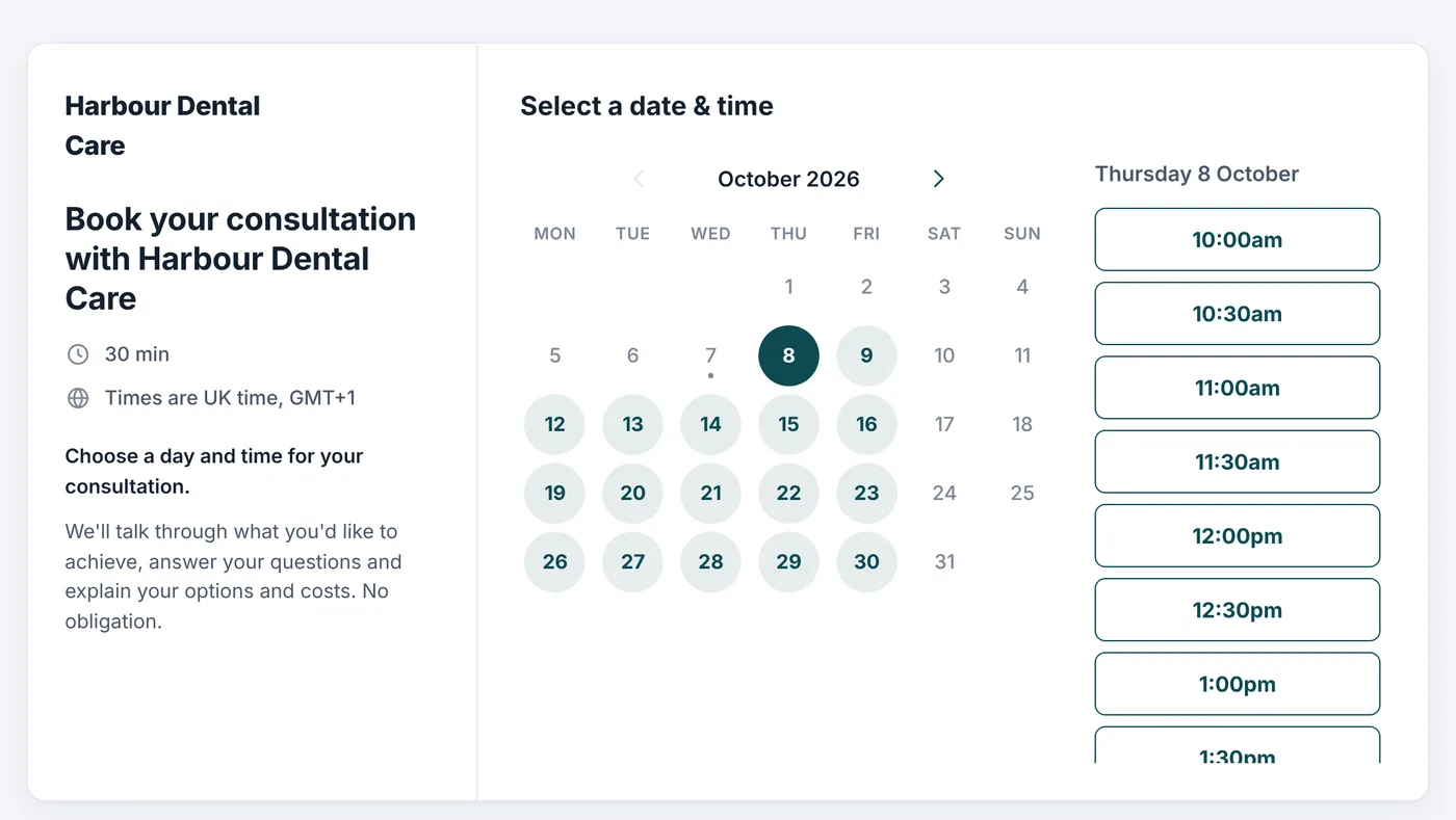A Lidora booking page where a customer picks a date and time