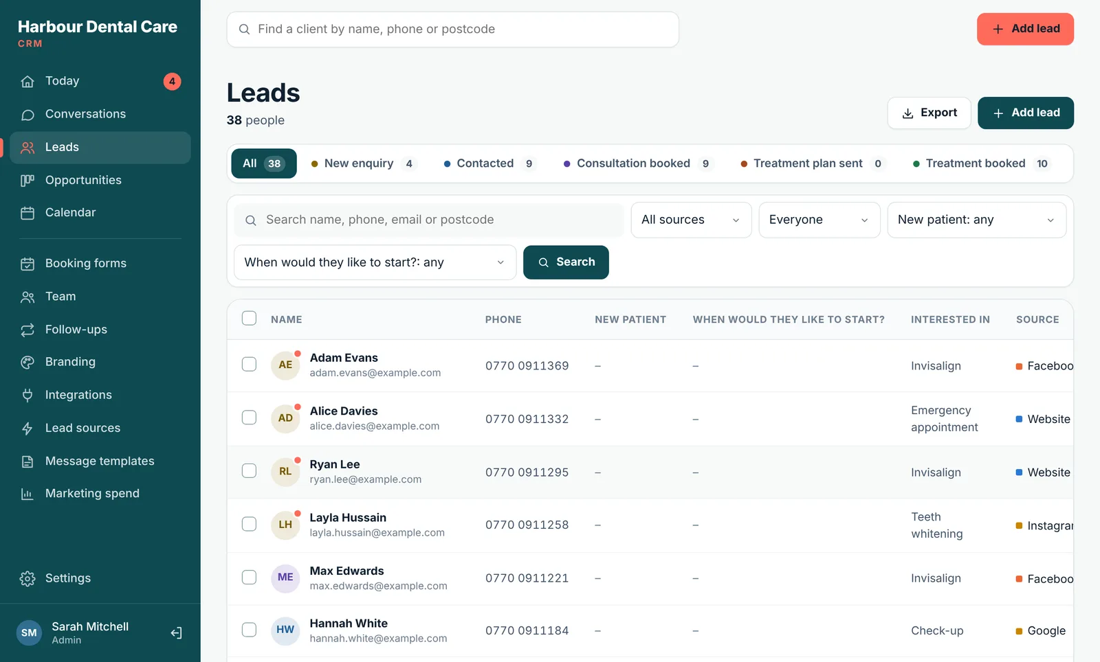 The leads list in Lidora, with stages, sources and what each person is interested in