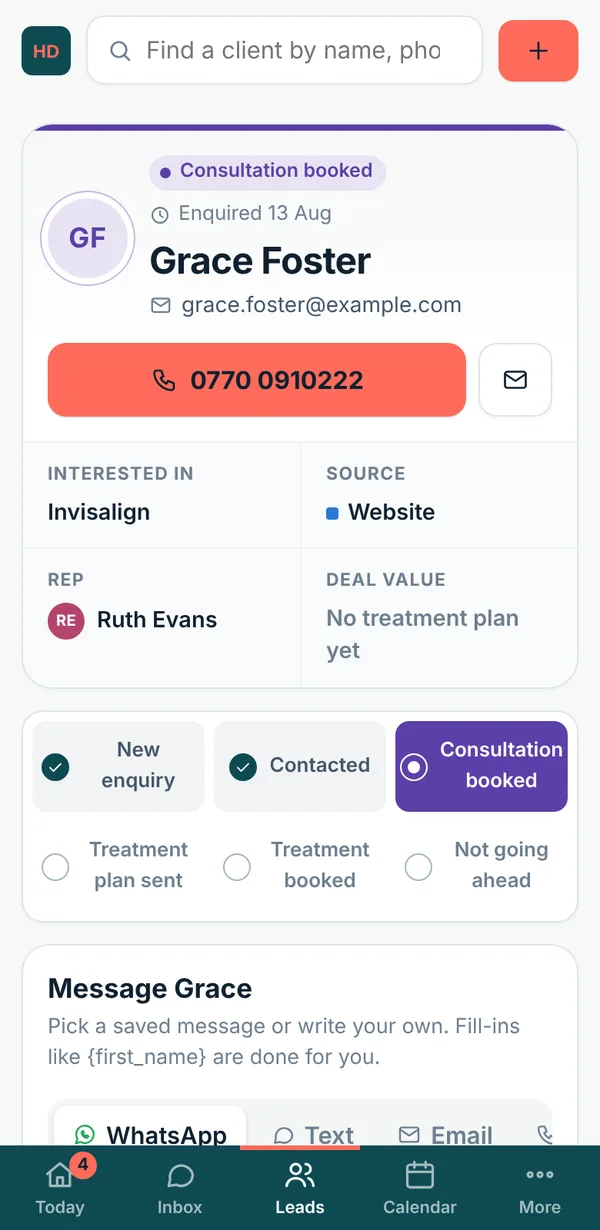 A lead's page in Lidora on a phone