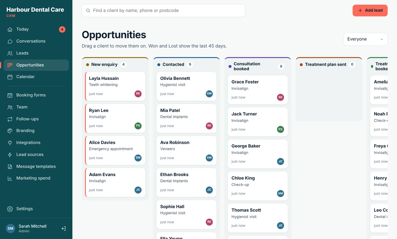 The opportunities pipeline in Lidora with cards in each stage