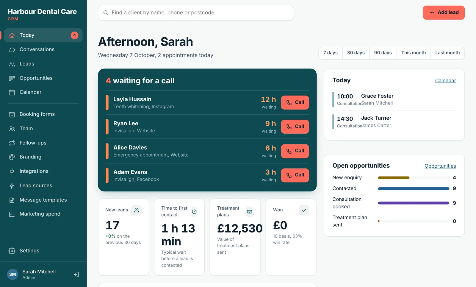 Lidora's Today screen: leads waiting for a call, today's appointments and open opportunities