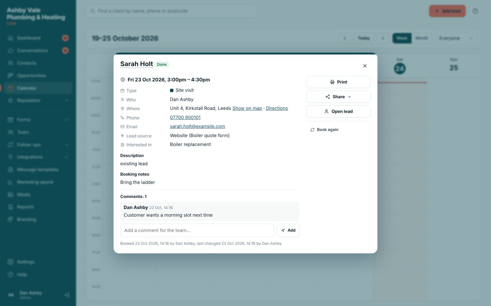 The Lidora booking box: a booking with the address, map, notes, print and share