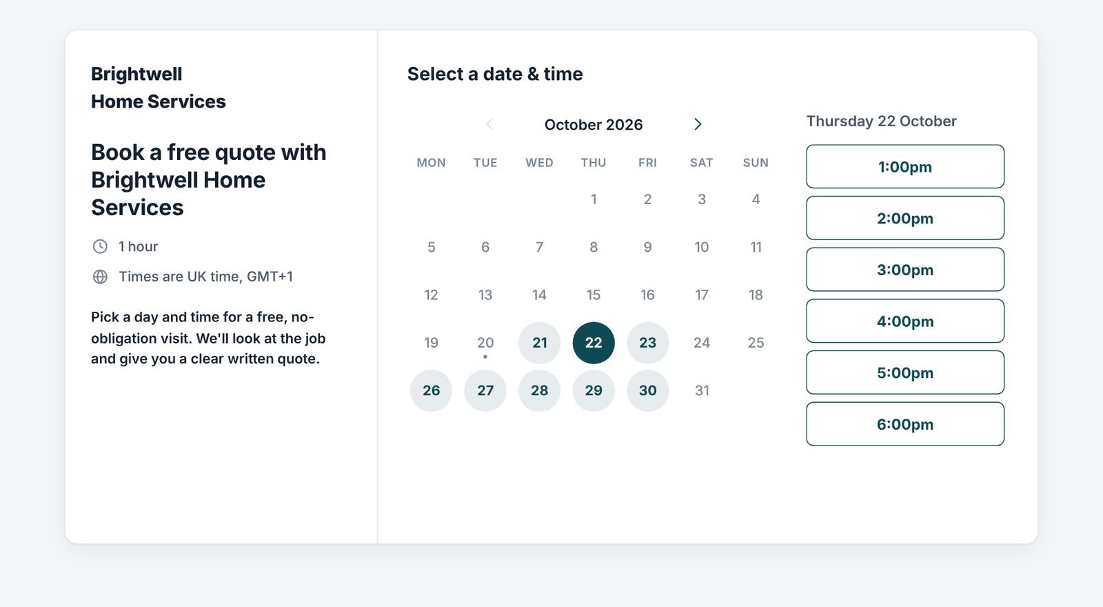 A Lidora booking form where customers pick a date and time