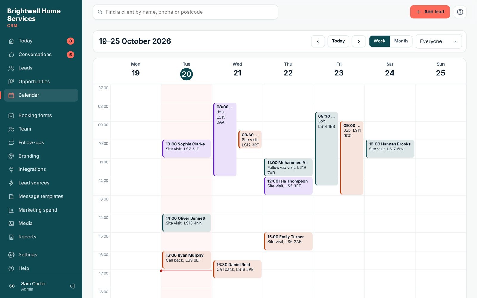 Lidora calendar week view with site visits and jobs