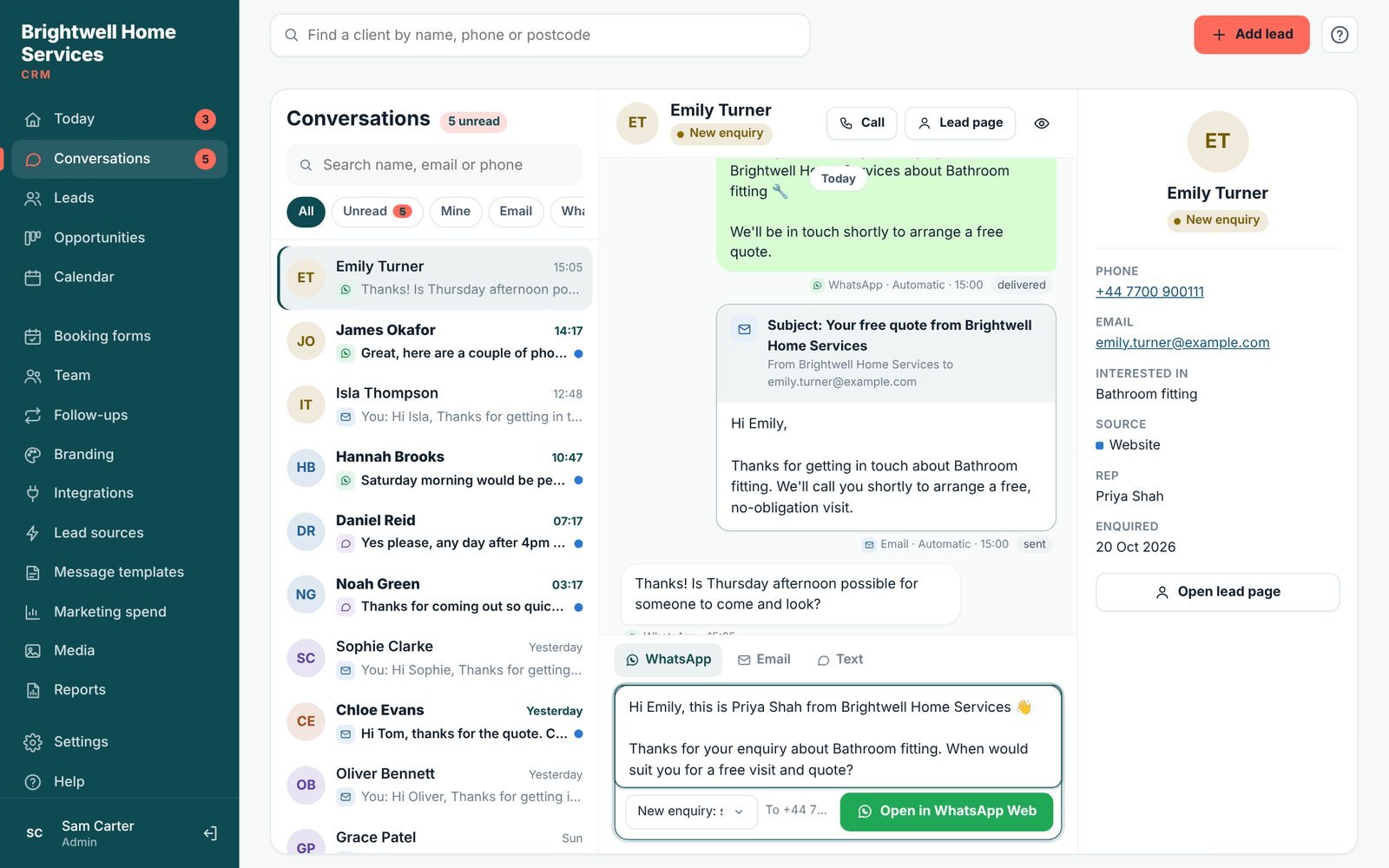 Lidora conversations inbox with WhatsApp, text and email