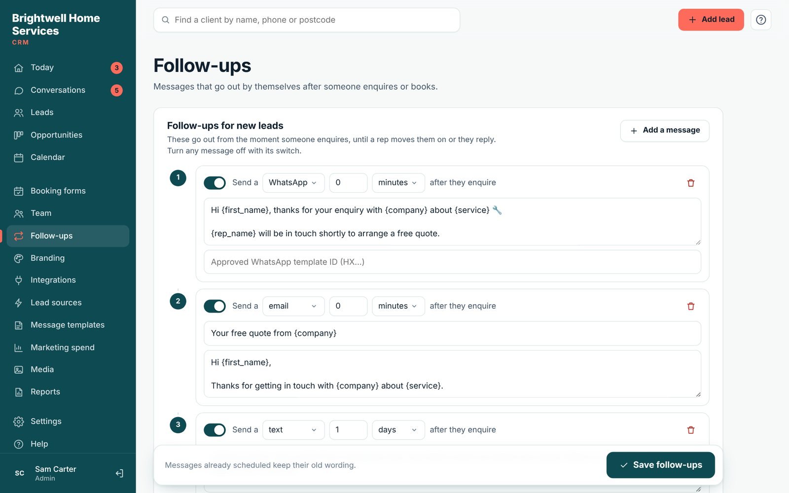 Lidora follow-ups: messages sent automatically after someone enquires