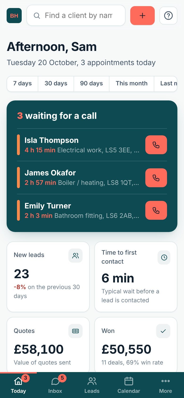 Lidora on a phone showing new leads waiting for a call