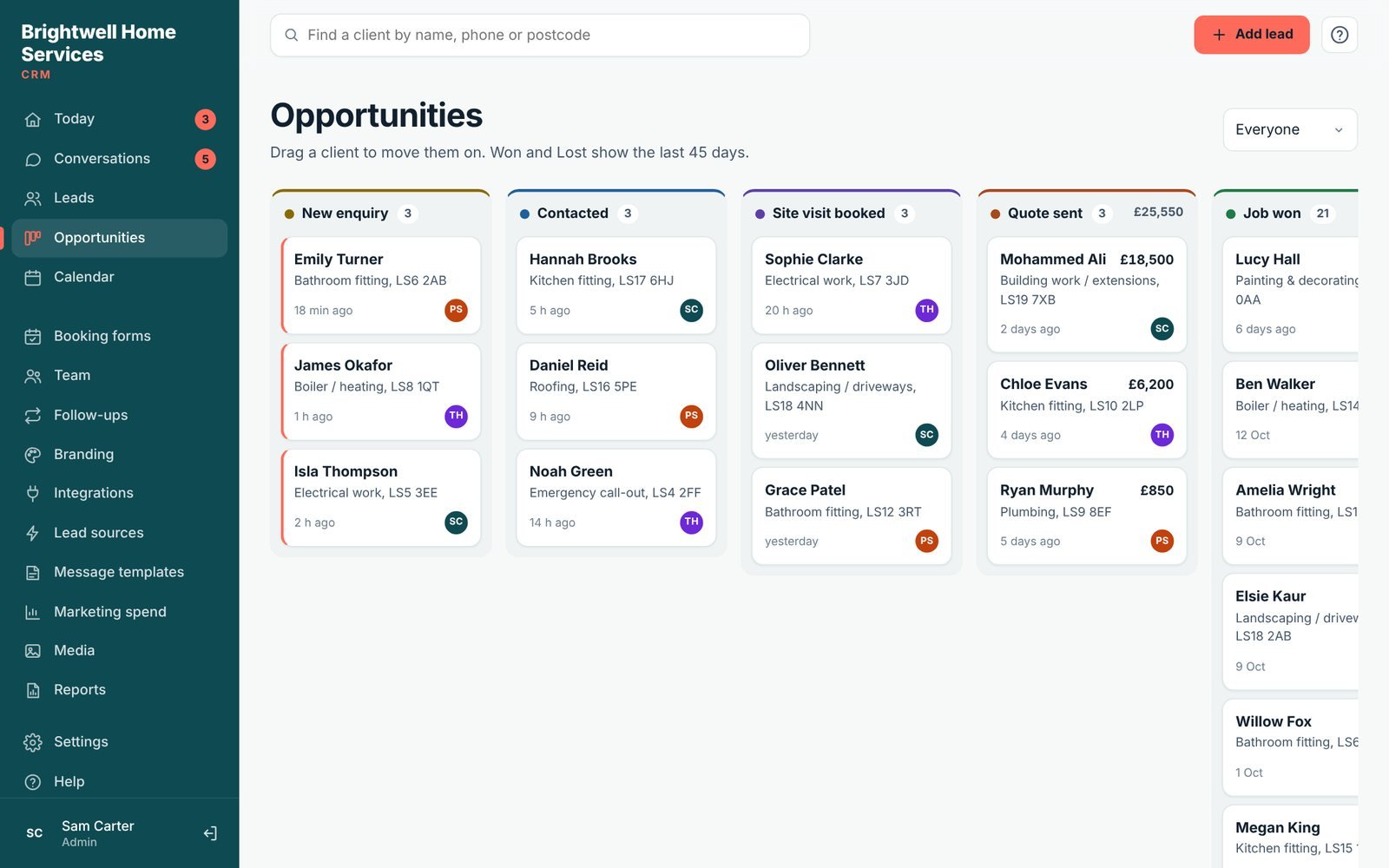 Lidora opportunities pipeline from enquiry to won
