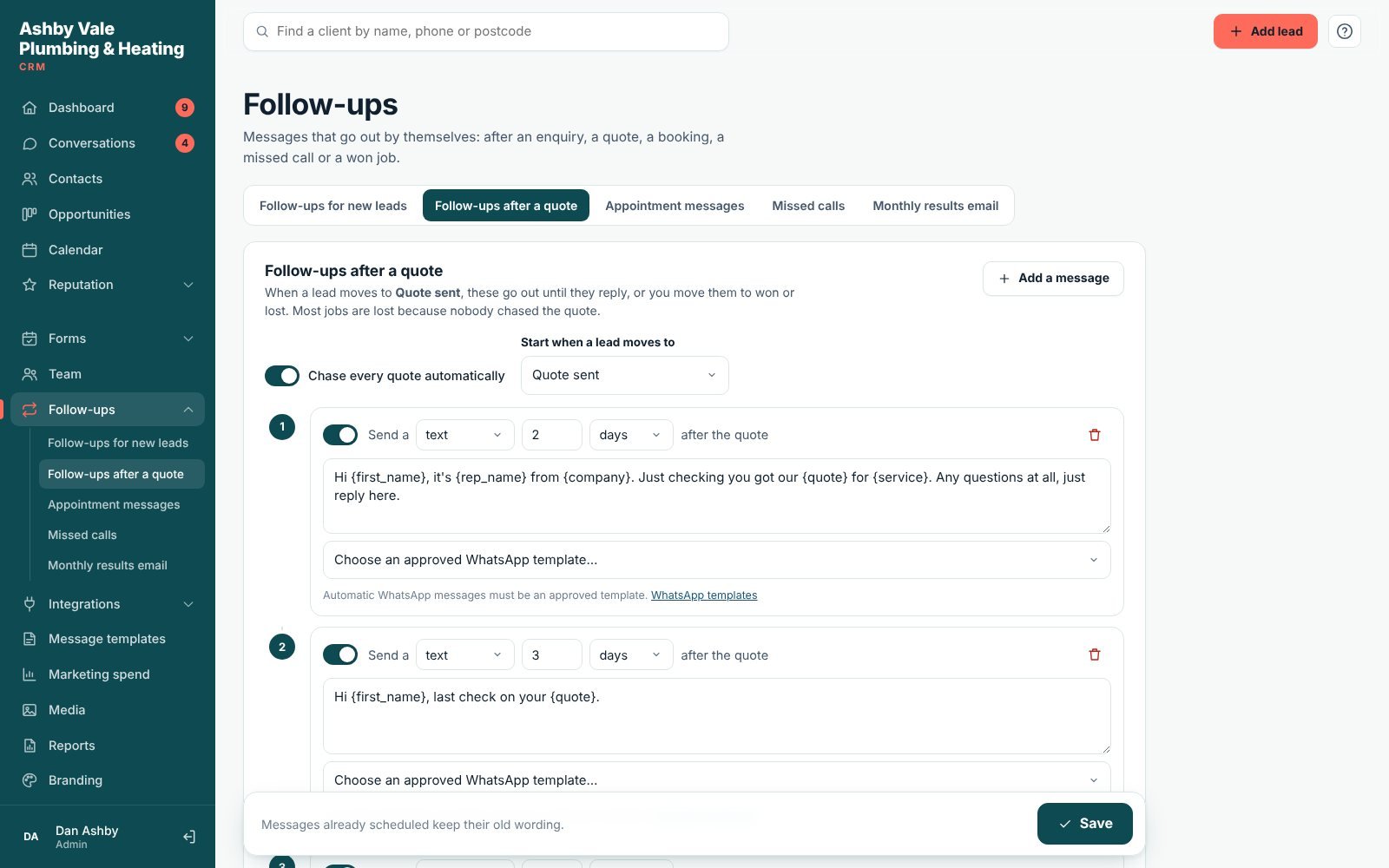 Lidora quote follow-ups: messages that chase a quote automatically