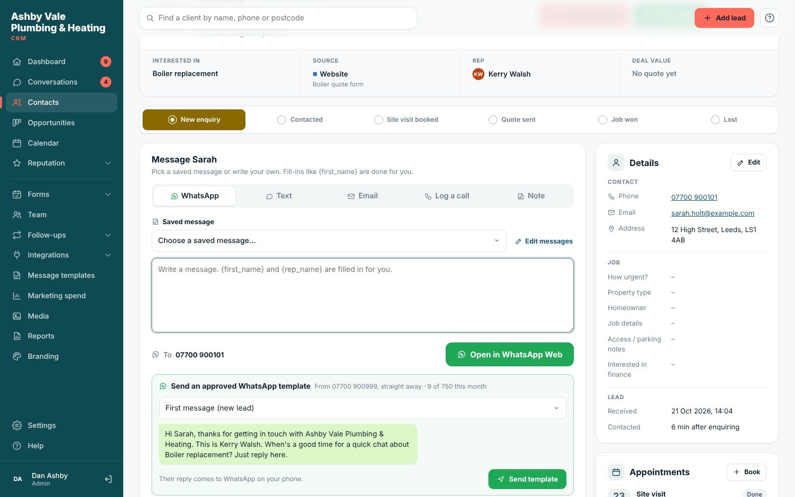 A WhatsApp message sent to a new lead from a customer page in Lidora