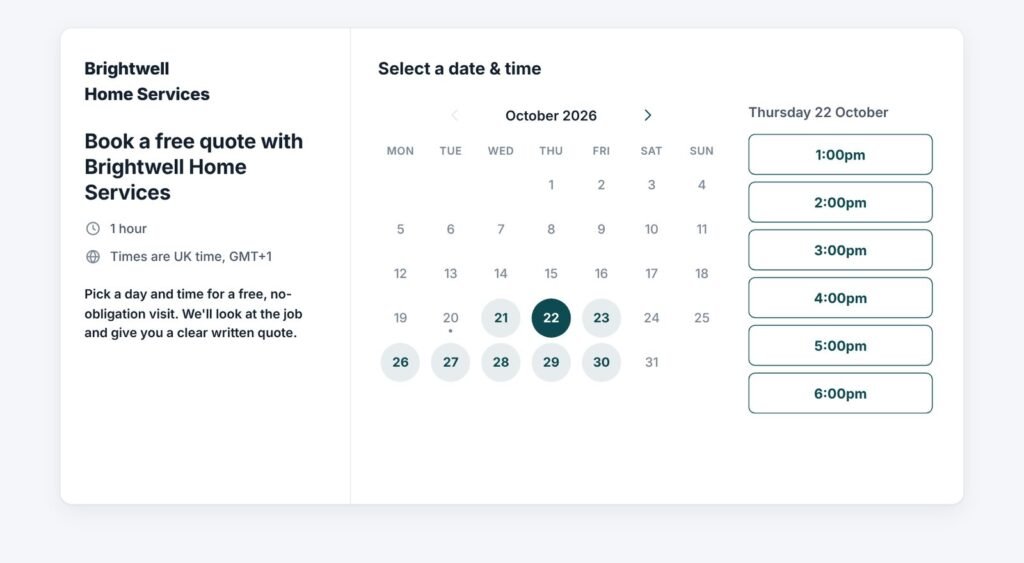 Lidora online booking form where customers choose a time