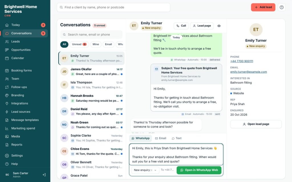 Lidora conversations inbox with WhatsApp, text and email in one place