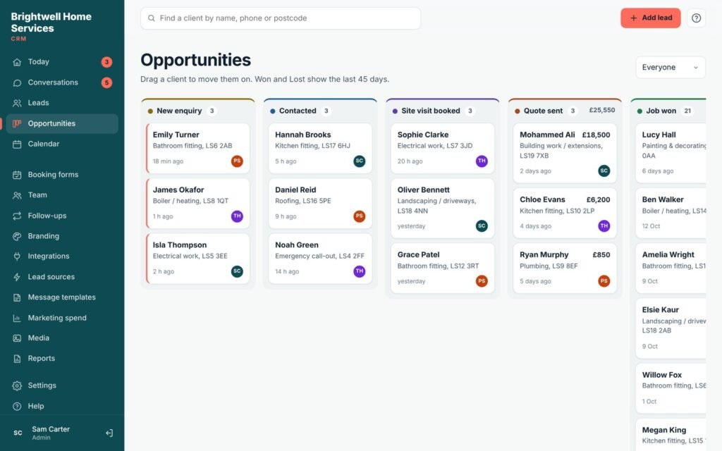 Lidora opportunities pipeline with jobs moving from enquiry to won