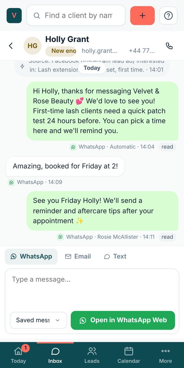 Lidora on a phone: a first-time lash enquiry answered on WhatsApp with a booking link