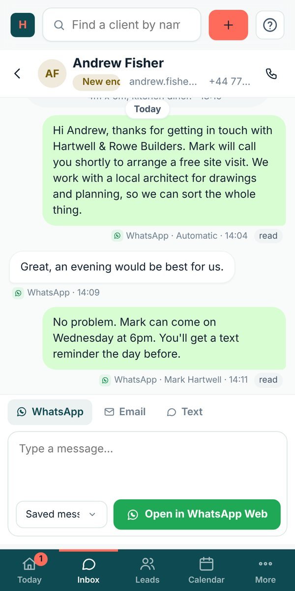 Lidora on a phone: an extension enquiry answered on WhatsApp and a site visit booked