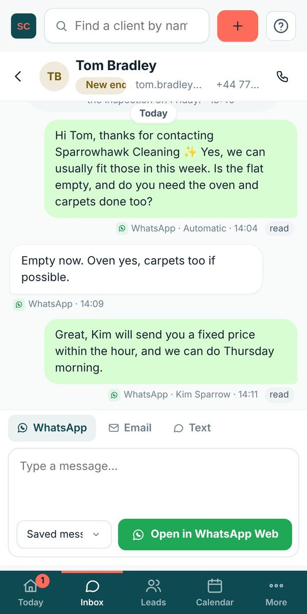 Lidora on a phone: an end of tenancy cleaning enquiry answered on WhatsApp in seconds