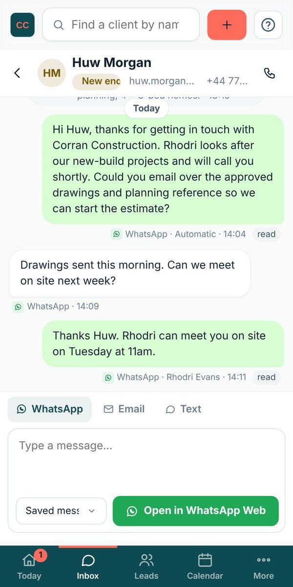 Lidora on a phone: a new-build enquiry from a developer answered, with drawings requested