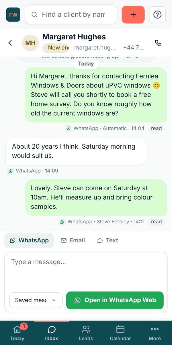 Lidora on a phone: a window replacement enquiry answered on WhatsApp and a home survey booked