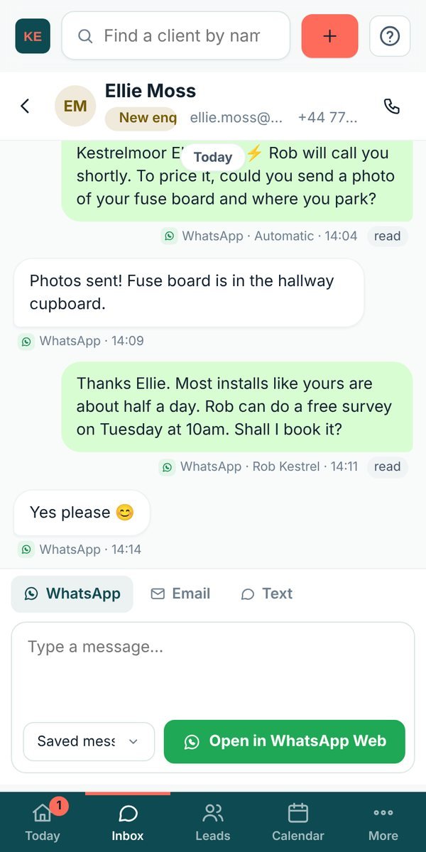 Lidora on a phone: an EV charger enquiry answered on WhatsApp, with photos of the fuse board