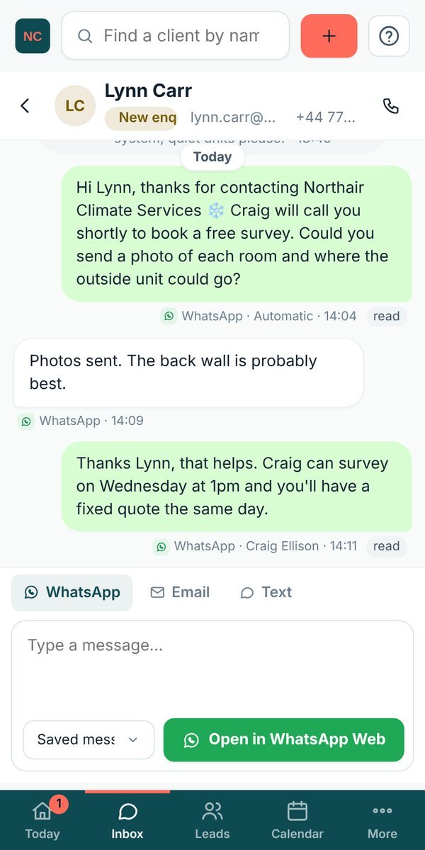 Lidora on a phone: an air conditioning enquiry answered on WhatsApp with photos requested