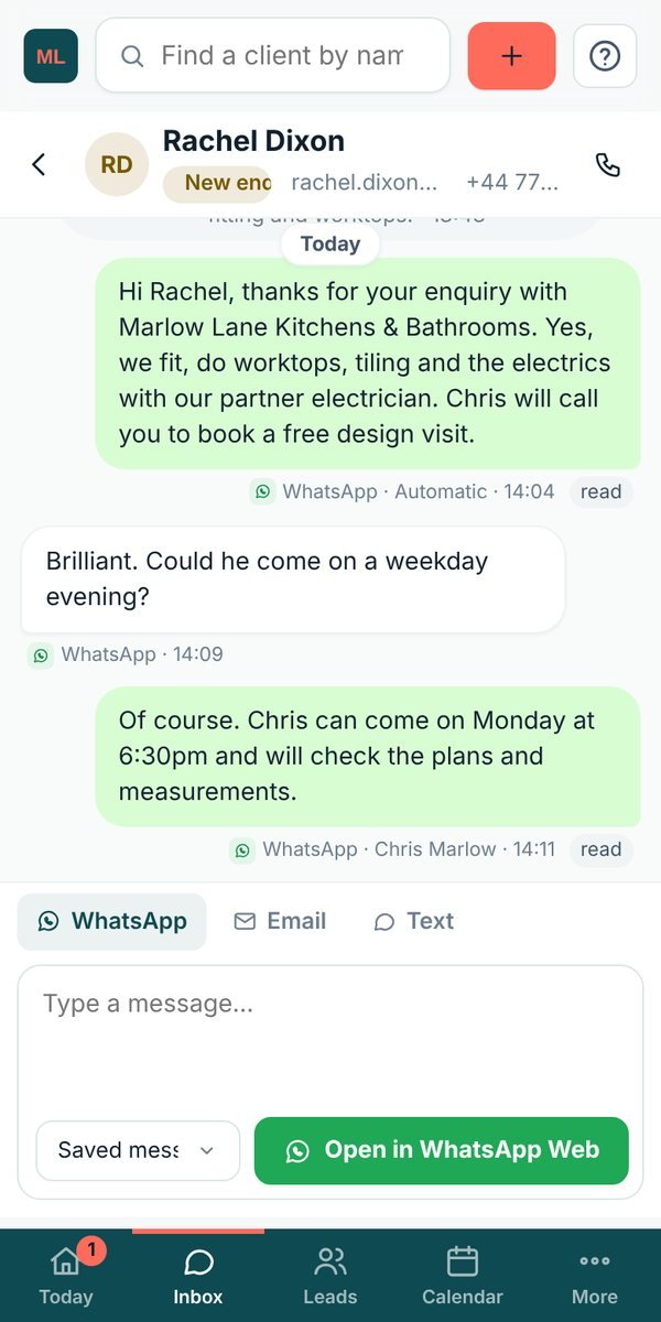 Lidora on a phone: a kitchen fitting enquiry answered on WhatsApp and a design visit booked