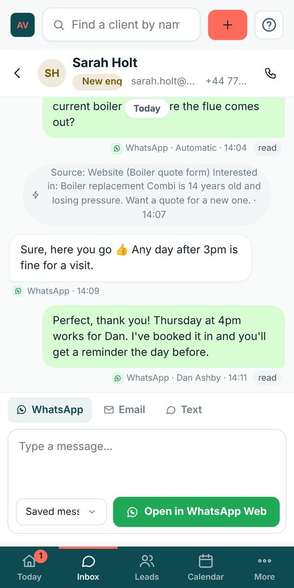 Lidora on a phone: a boiler enquiry answered automatically on WhatsApp, with the customer sending photos
